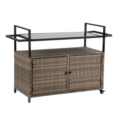 Brown Porch Beverage Cart With Functional Wheels And Glass Tabletop For Outdoor Entertainment Party - Garden Use