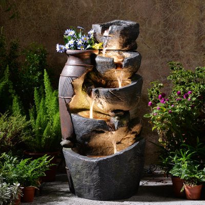  Fontaine d'extérieur à cascade à 5 niveaux, 31,7 po de hauteur, fontaines extérieures et cascades avec 4 lumières DEL pour patio, terrasse, porche, cour et maison