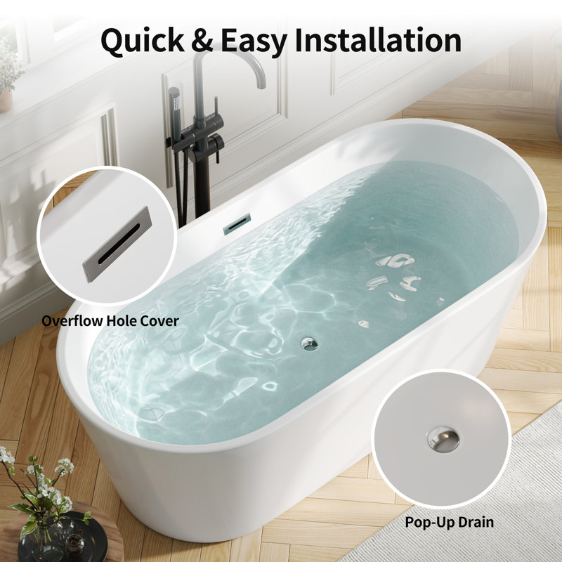 DeerValley Ally 67" x 32" Freestanding Soaking Acrylic Bathtub with Overflow Drain