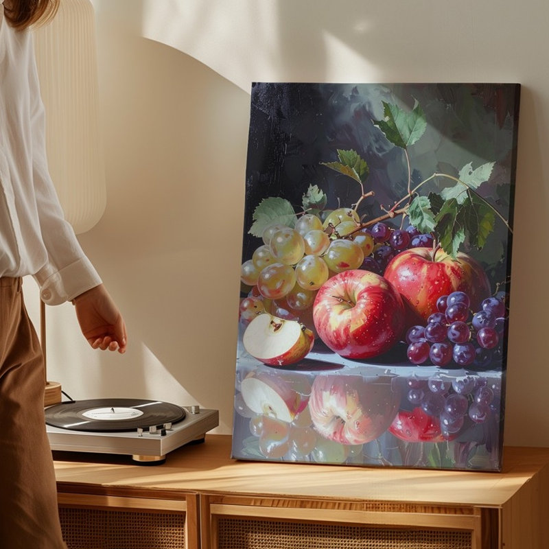 Art mural sur toile, fruits dramatiques, nature morte, pommes rouges, raisins et reflets brillants, prêt à accrocher