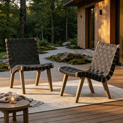 Ensemble de 2 chaises longues d'extérieur minimalistes transitionnelles, siège en corde tissé à la main avec accents en fer et base en bois d'acacia massif, bois franc résistant aux intempéries résistant à l'usure et à la décoloration, mobilier de patio rustique moderne pour terrasse de jardin