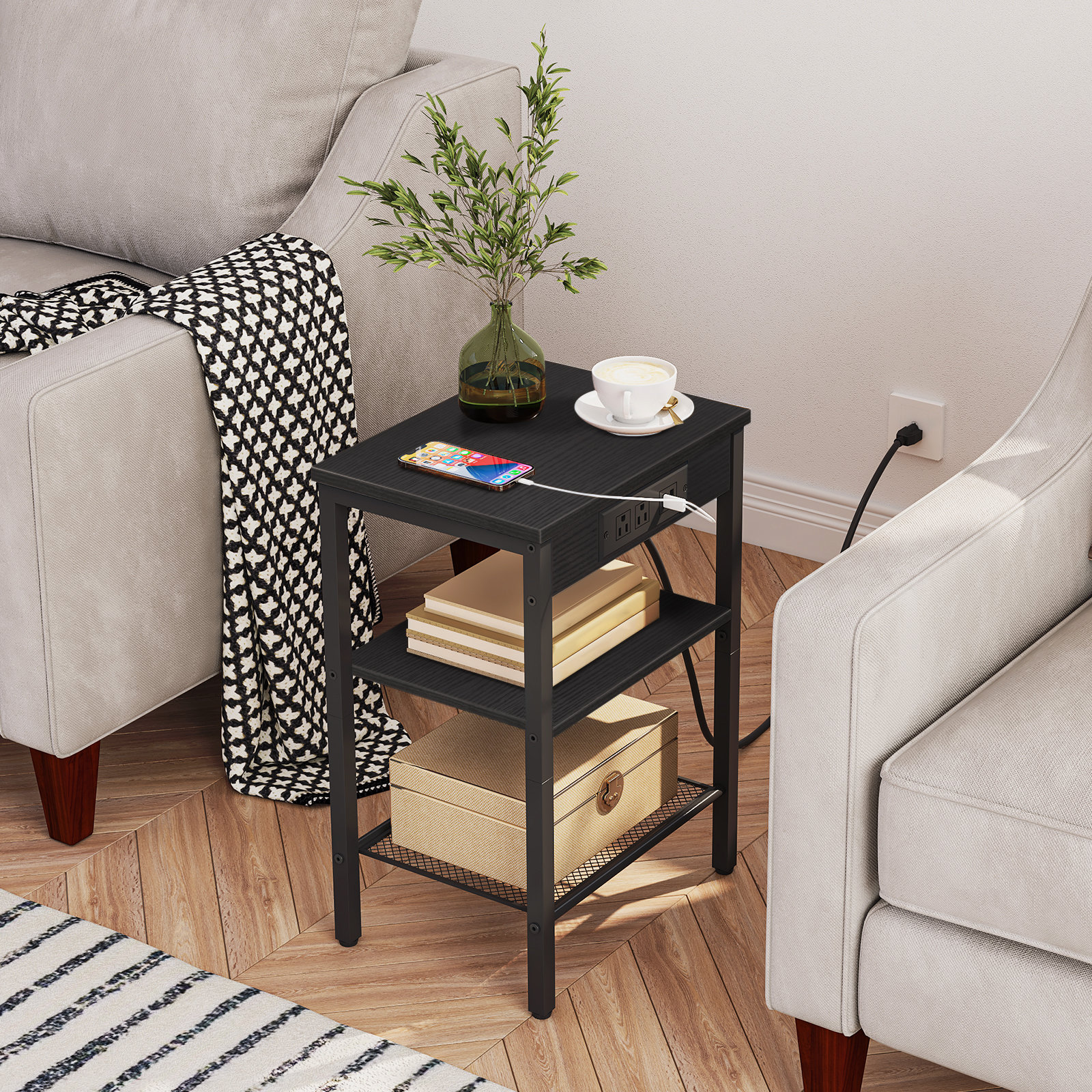 Nightstand with Charging Station and USB Ports， Round Side Table