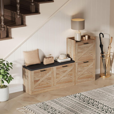 Farmhouse Shoe Storage Bench with 4 Flip Drawers & Cushion - Entryway Bench for Foyer Hallway, Natural