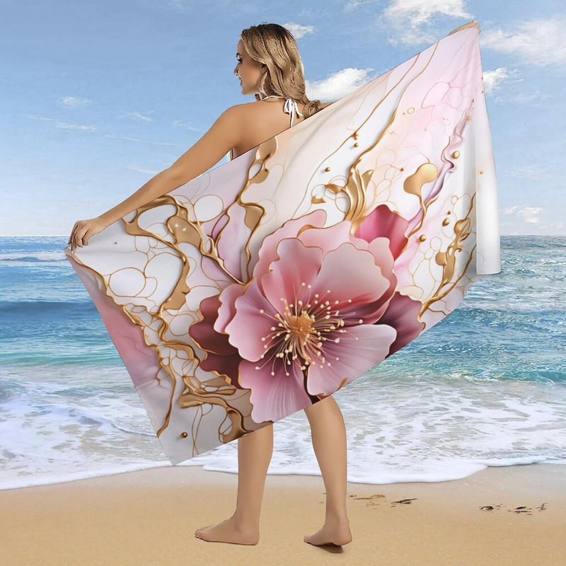 Serviettes de bain surdimensionnées florales dorées à motif abstrait rose surdimensionnées de 60 po x 80 po pour adultes