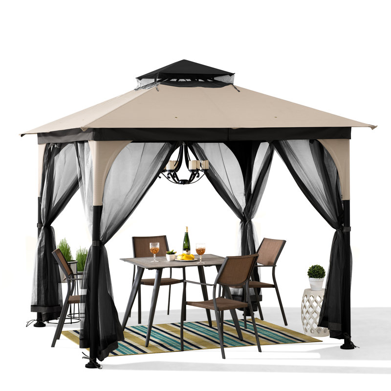 Sunjoy 9 ft. x 9 ft. Gazebo with 2-Tier Canopy Roof, Steel Frame Soft top Gazebo with Ceiling Hook and Mosquito Netting