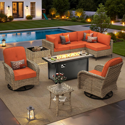 9-Piece Wicker Outdoor Sectional Seating Group With Lighted Coffee Table And Swivel Rocker Chairs,All Weather Patio Modular Conversation Set With Propane Fire Pit Table