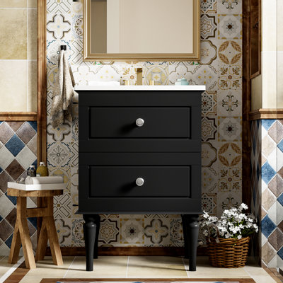 Meuble-lavabo noir 24 po avec lavabo en céramique et armoire de rangement moderne 2 tiroirs
