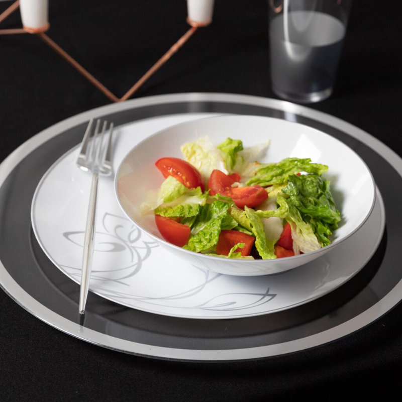 Bols ronds en plastique blanc 16 oz avec bordure argentée Ecoqualité pour 100 invités