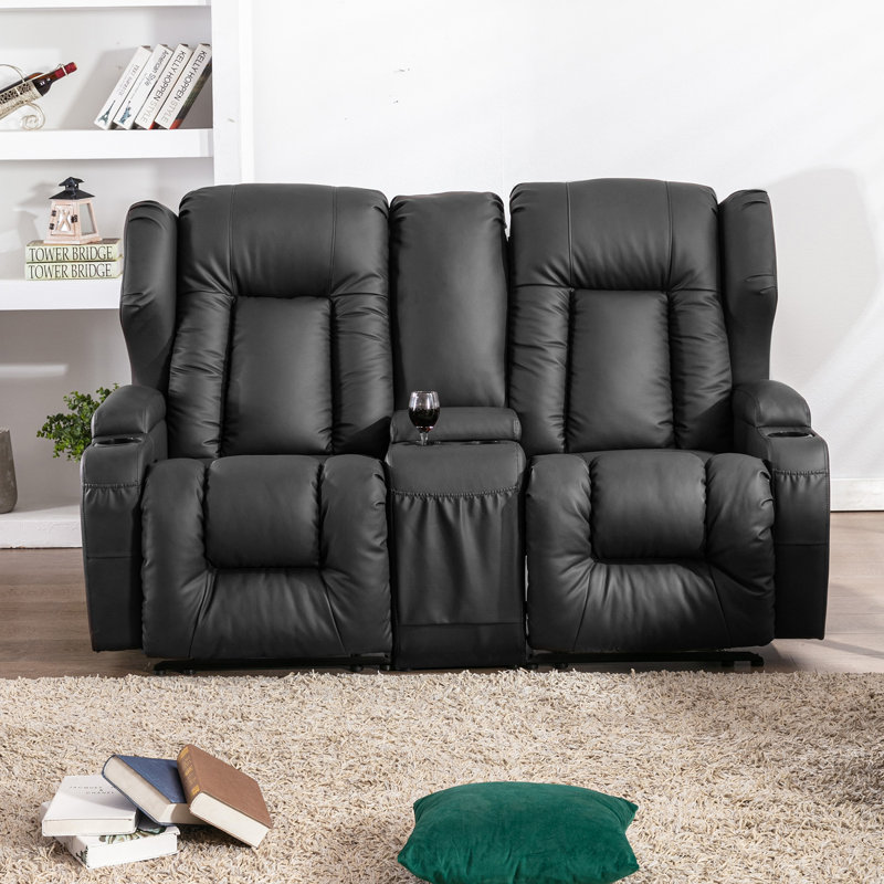 Causeuse de cinéma en faux cuir 66,9 po de largeur avec porte-gobelet, Noir