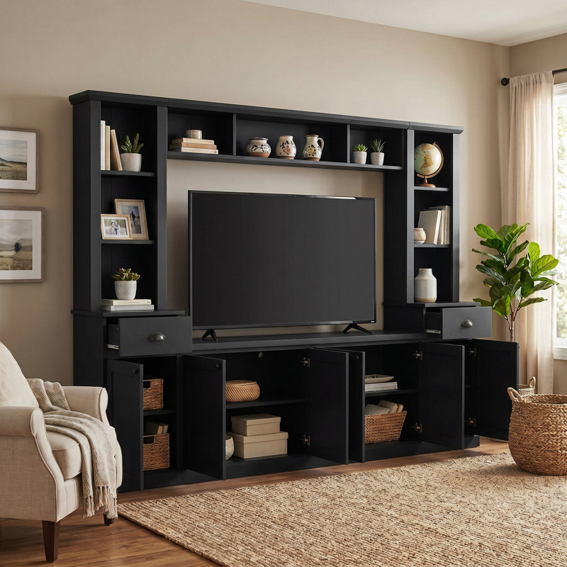 Meuble télé avec tablettes réglables pour téléviseur de 75 po ou moins, noir, Black