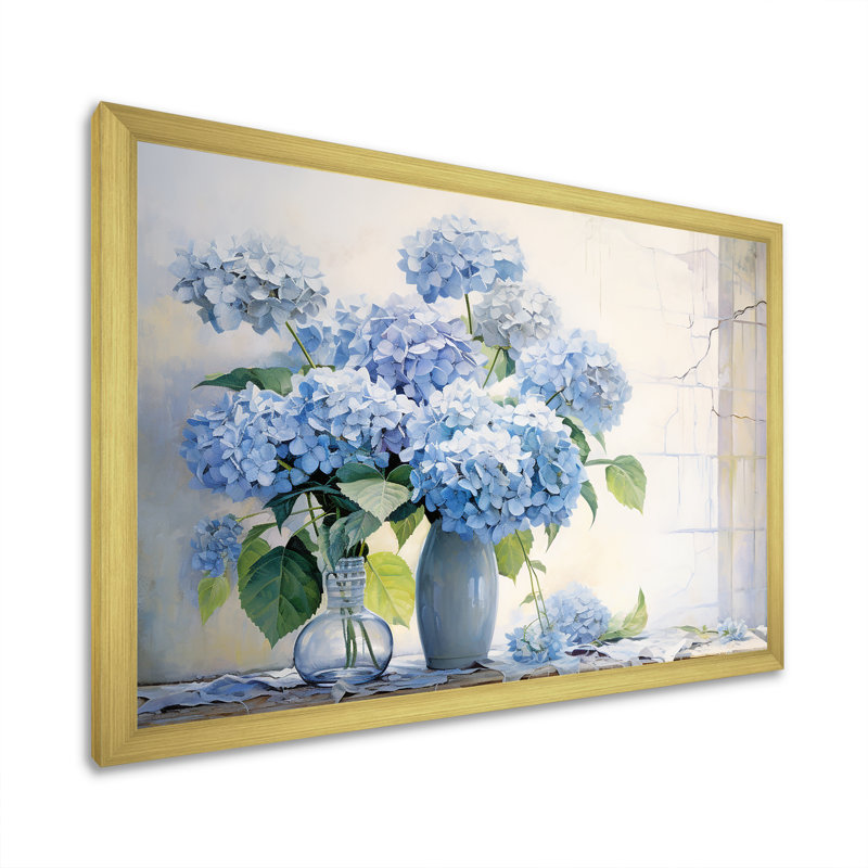 «Blue Hydrangea Farmhouse Still Life - Hydrangea», reproduction d'art sur toile, Cadre doré simple