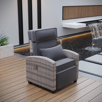 Outdoor Reclining Chairs, Reclining Patio Chairs With Extended Footrest, Adjustable Rattan Patio Lounge With Flip-Up Table by Lark Manor