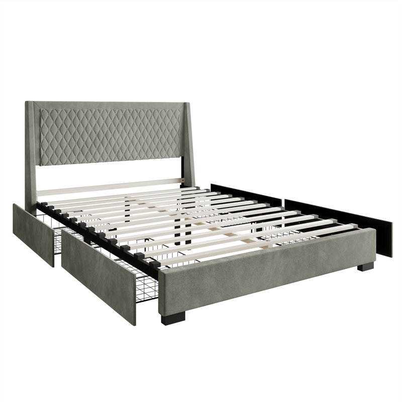 Lit plateforme double avec rangement en velours gris, Gris, Double