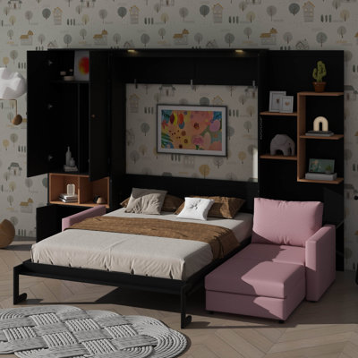 Grand lit escamotable avec grand canapé, tablettes et armoires de rangement, lit mural moderne peu encombrant avec double éclairage