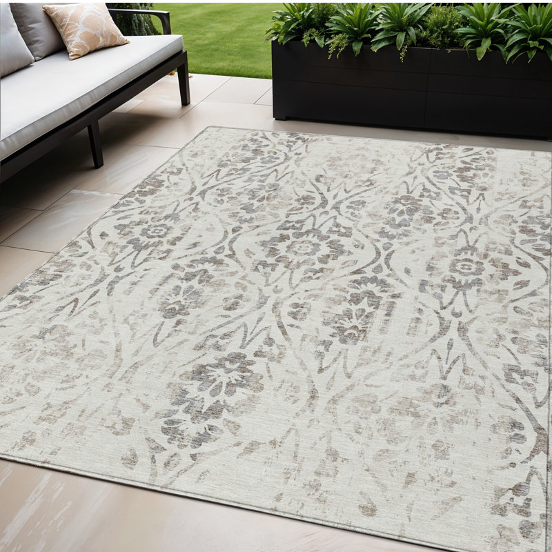 Tapis extérieur lavable floral ivoire et brun 5 pi x 8 pi