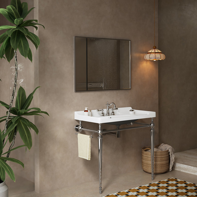 Évier de console de salle de bain mural avec trous de robinet pré-percés, pieds de support autoportants et barre à serviettes, idéal pour la rénovation de salle de bain et l’optimisation de l’espace.