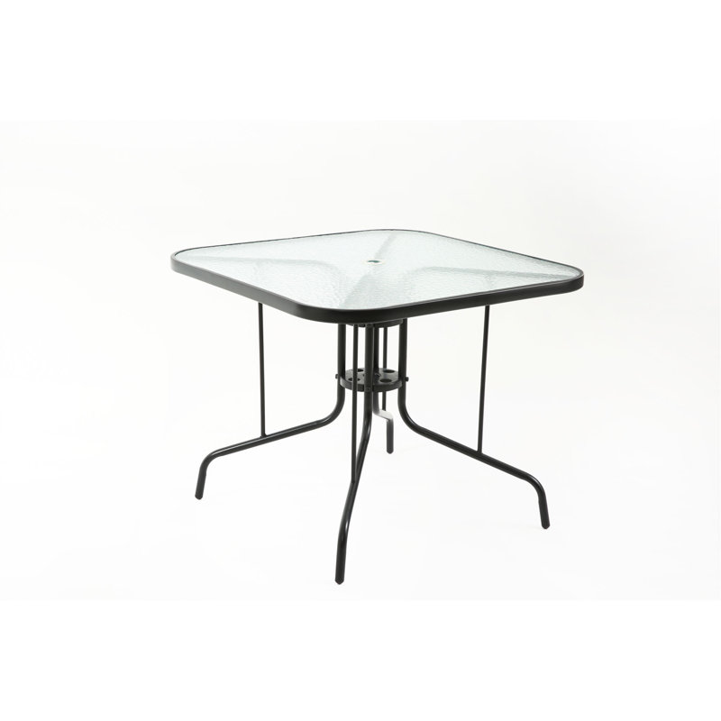 Table de salle à manger de patio de 35 pouces avec plateau en verre trempé Tangkula, table de bistro carrée pour 4 personnes avec trou pour parasol de 1,5 po et structure en métal robuste, table de salle à manger de patio pour la cour, la pelouse, la terrasse et la piscine