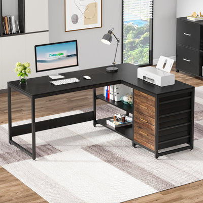 59" L-Shaped Computer Desk for Home Office, Small Space Corner Desk with 4 Drawers