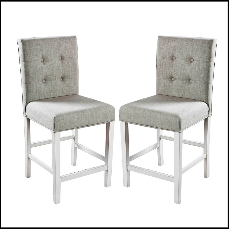Ensemble de 2 chaises à hauteur de comptoir en tissu blanc antique et gris clair, alliant confort, style et durabilité pour les cuisines et les bars modernes.