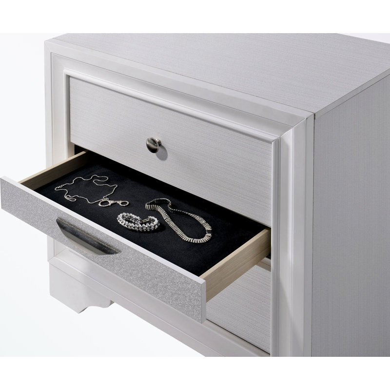 Table de chevet avec deux tiroirs et tiroir à bijoux caché, Blanc
