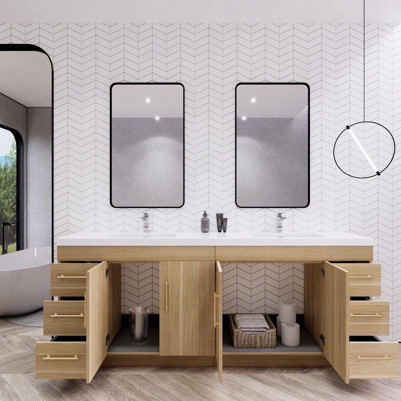 Irline 83.46'' Double Bathroom Vanity with Acrylic Top, Champagne Oak