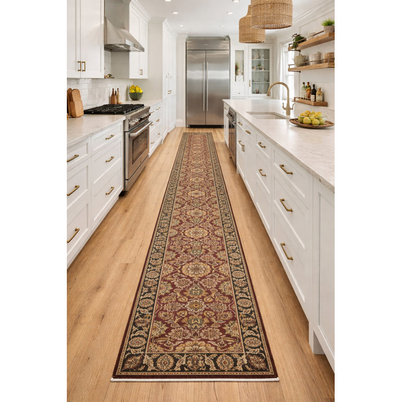 Tapis de couloir oriental rouge fait à la main 3 x 18 Agra Jaipur Maroon