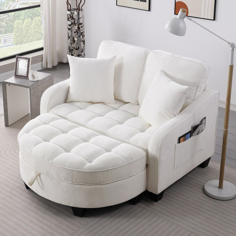 51" Upholstered Convertible Chaise Lounge Sofa Bed With  Manually Adjustable Backrest, White
