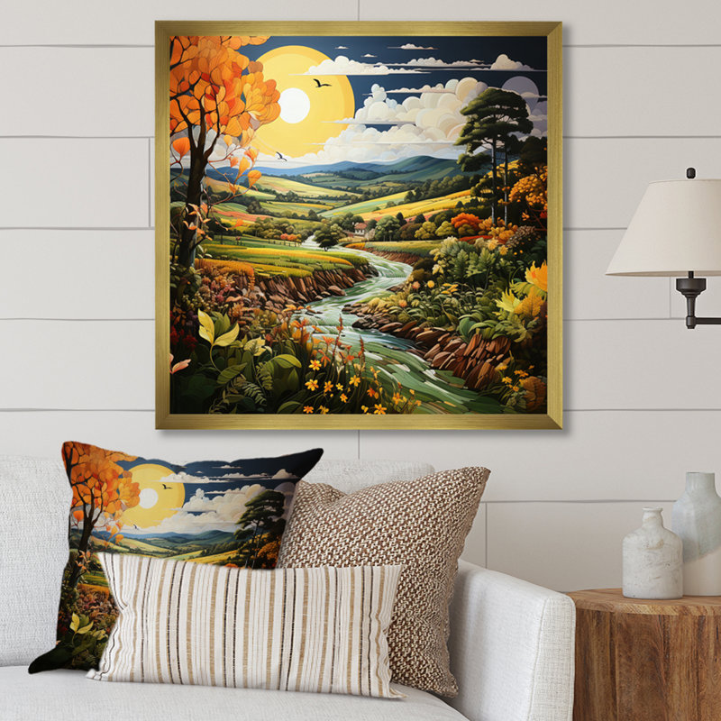 Countryside Pastoral Patchwork II - Landscapes Wall Art Living Room, Encadrement doré, H 24 po x l 24 po x P 1 po