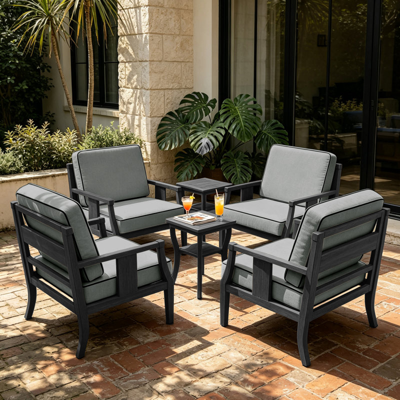 Teak Outdoor Four-person Conversation Set With Cushion And Two Side Tables, Gray, Black