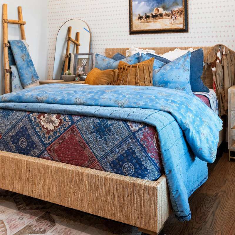 Twin Blue Cotton Western Floral Duvet Cover Set