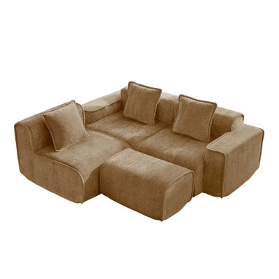 Canapé modulaire en L à 3 places avec passepoil à bordure française, sans assemblage requis, canapé 3 places avec coussins décoratifs et 1 repose-pieds mobile, tissu de velours