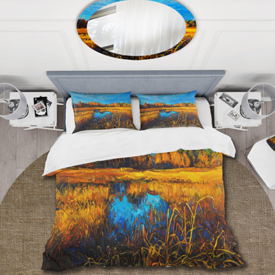 Orange Meadows Under A Light Blue Sky - Ensemble de housse de couette traditionnel - Microfibre de polyester