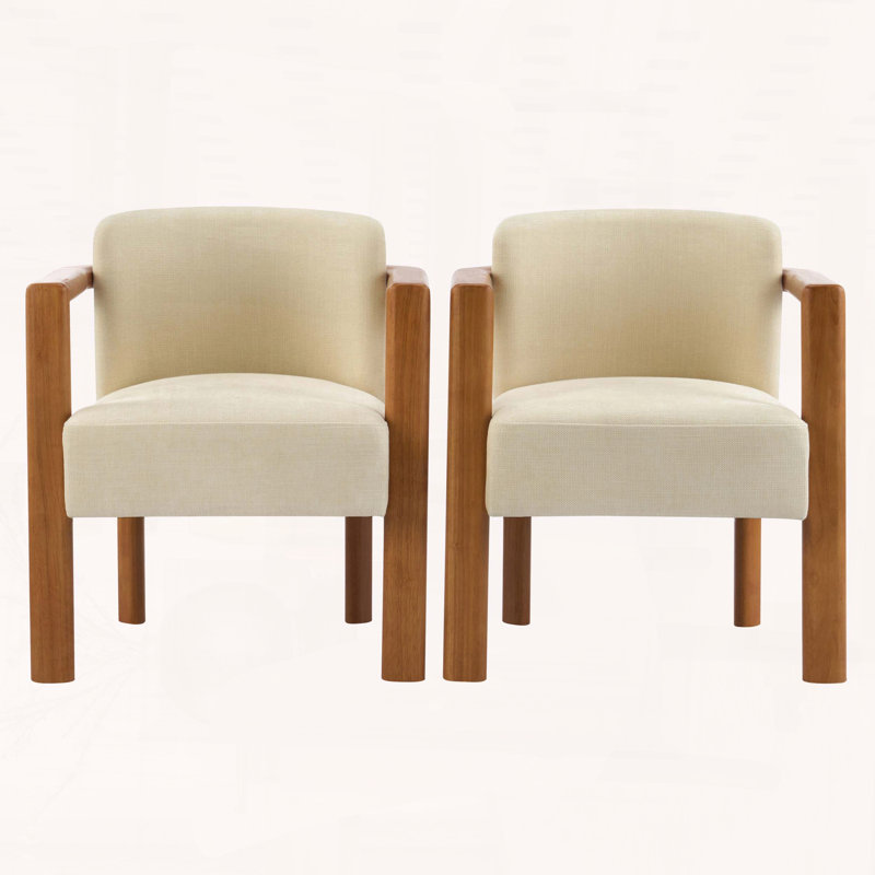 Fauteuil rembourré en tissu avec structure en bois d'hévéa beige, ensemble de 2