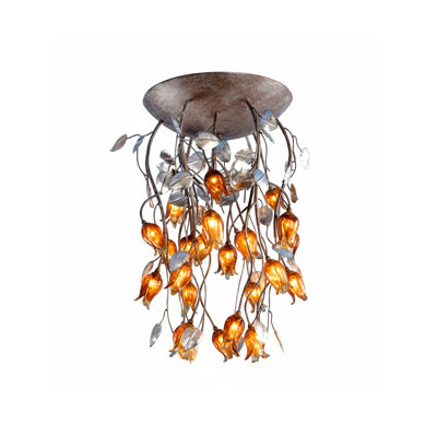 Plafonnier éclectique en bronze à 27 lumières avec abat-jour en verre en forme de fleur