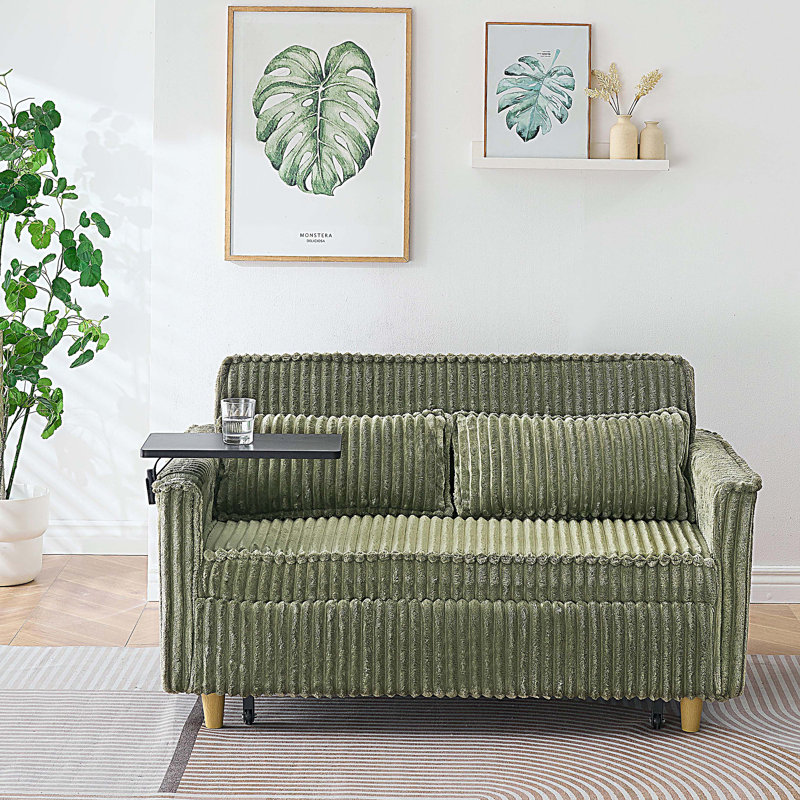 The pull-out and push-in corduroy sofa with dual functions, equipped with a movable tabletop and USB ports, Green
