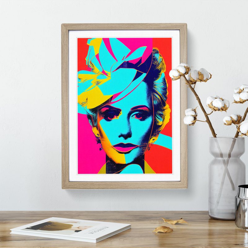 Neon Pop Art Woman - Single Picture Frame Print, 64cm H x 46cm W x 2cm D, Oak Framed