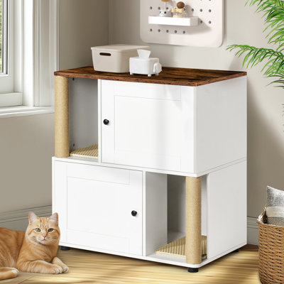 Enceinte de litière double blanche et rétro pour deux chats, avec tablettes, s'adapte à diverses capacités de boîtes, variété de couches peu encombrantes, grattoir pour chat, tapis anti-fuites, haut standard