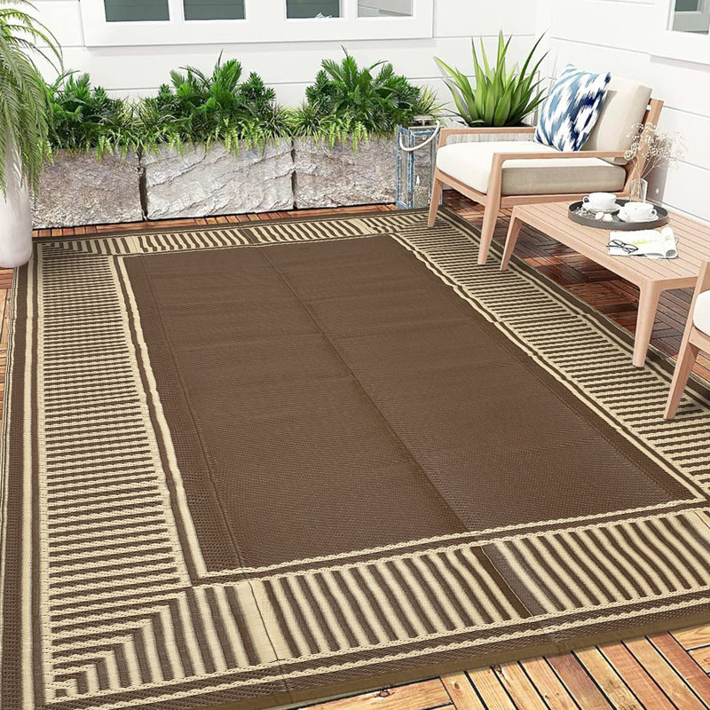 Tapis de paille géométriques imperméables réversibles en plastique pour véranda, Tan, Rectangle 8' x 10'