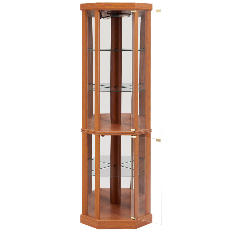 Vitrine d'angle avec système d'éclairage, tablettes réglables et dossier en miroir pour les antiquités mettant en valeur l'éclairage domestique