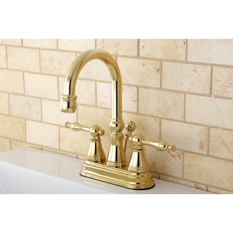 Kingston Brass Naples Two-Handle 3-Hole Deck Mount 4" Centerset Bathroom Faucet with Brass Pop-Up, Polished Brass