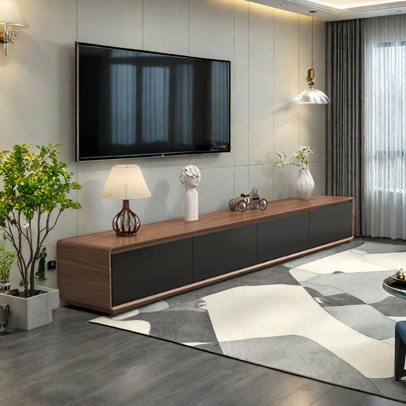 Meuble télé multi-tiroirs avec base pleine, H 9,84 po x L 94,48 po x l 15,74 po, Noir / brun clair