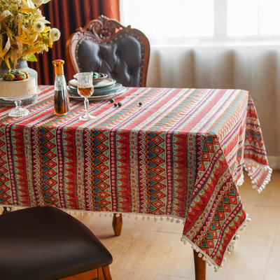 Nappe rectangulaire 152 x 264 cm, en coton à motifs floraux sauvages et pompons, rouge