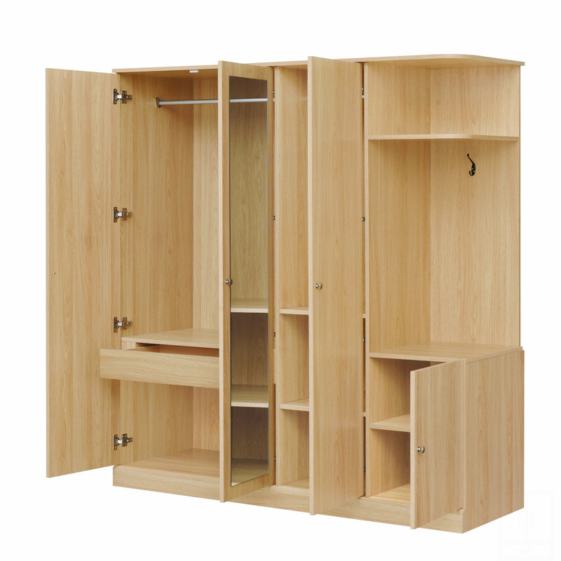 Armoire 4 portes avec tablettes, tiroirs et miroir pleine grandeur, Brun