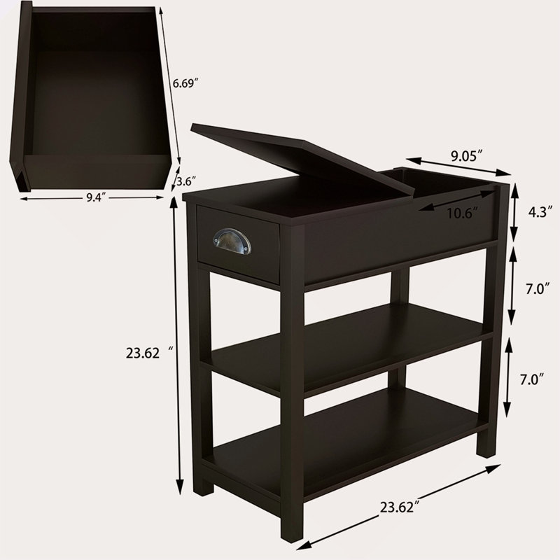 Narrow Sided Table With Drawers And Bottom Partition In Flip Over Design, Brown