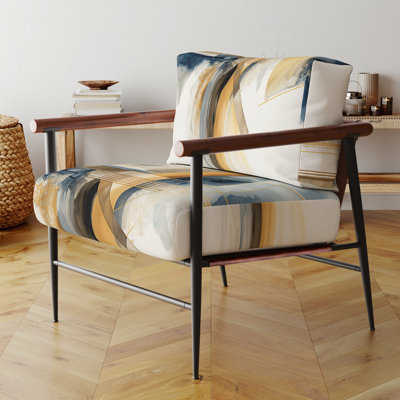Chaise moderne avec accoudoirs rembourrés abstraits en velours moderne bleu et or