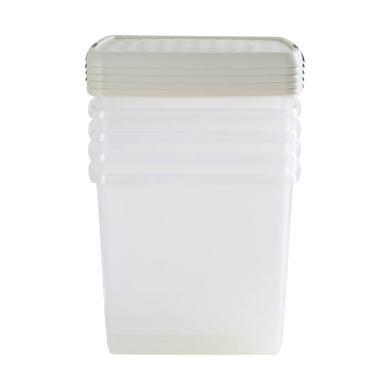 Wham Clip 5x 13.2L Square Plastic Storage Boxes with Secure Clip Lock Lids. L:39.5 x W:39.5 x H:12cm Clear/Green Milieu/Stone