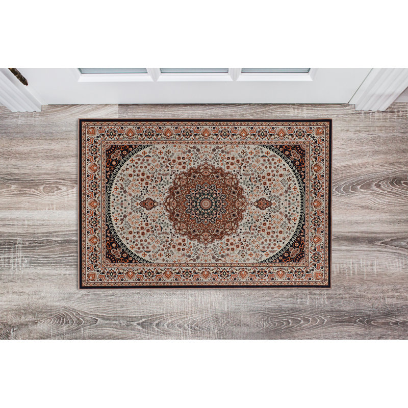 Emanuel Traditional Machine Woven Flatweave Cream and Copper Area Rug with Non Skid Backing, Rectangle 2'2" X 3'2"