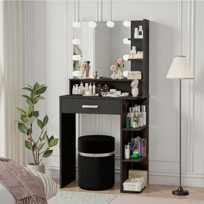 Coiffeuse en bois manufacturé avec miroir à DEL et tablettes de rangement 