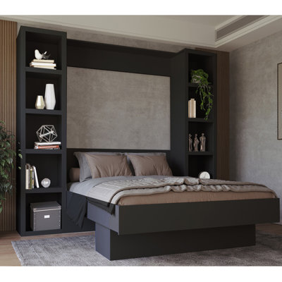 Lit escamotable Easy-Lift en grain de bois avec deux étagères