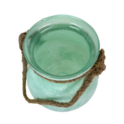 Coastal India House frosted green glass hanging candle lantern with rope handle, 15 inches high